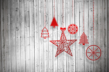 悬挂木板摄影照片_悬挂红色圣诞装饰品的复合图像