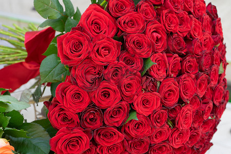 一大束用红丝带系着的红玫瑰。