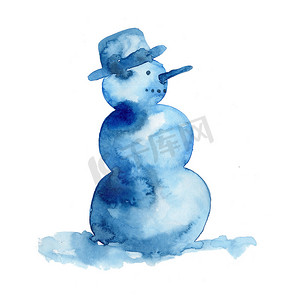 与蓝色圣诞雪人的水彩插图。