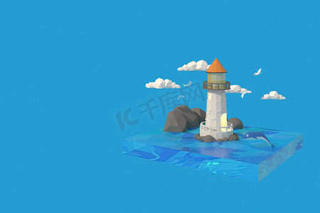 灯塔大海摄影照片_海上灯塔的 3D 插画家。 