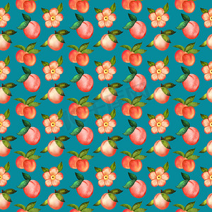 桃花桃子摄影照片_蓝色背景上桃花的插图数字水彩无缝图案
