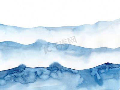 水彩蓝色冬天下雪的背景，看起来像波浪和大海。