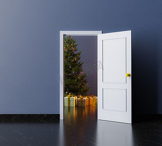 打光摄影照片_打开门和里面的圣诞树