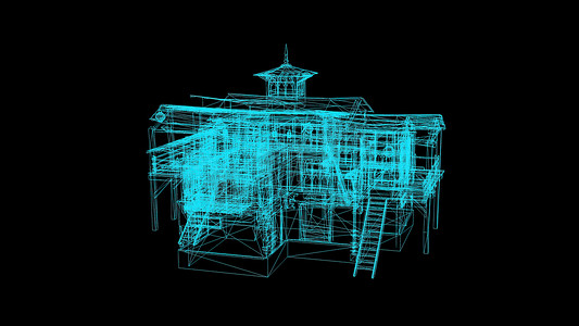 房屋元素摄影照片_3d 插图-黑色背景中世纪房屋的线框模型