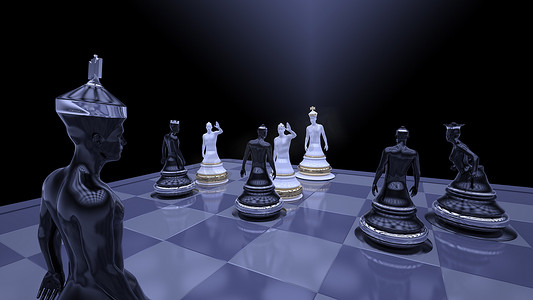 深色背景下拟人棋子的国际象棋构图