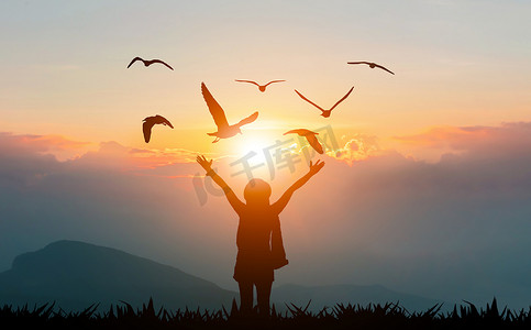 和平的白鸽摄影照片_牵手山晚阳光的女性展现自由与飞鸟剪影