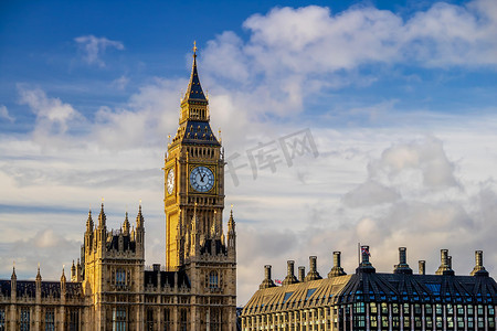 伦敦城市天际线与大本钟和议会大厦，英国城市景观