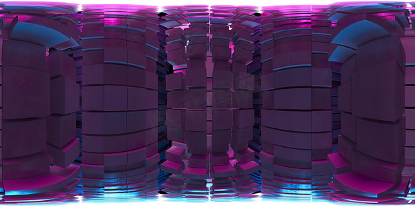 VR 360 全景立方体背景的抽象图像、光路、塑料粉色和蓝色背景