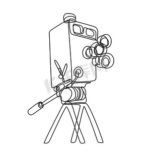 摄影机摄像机摄影照片_三脚架连续线图上的老式胶片盒相机