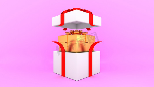 打开带有红丝带的白色礼品盒，里面有粉红色背景的金色盒子。，最小的圣诞节和新年概念。，3D 渲染。