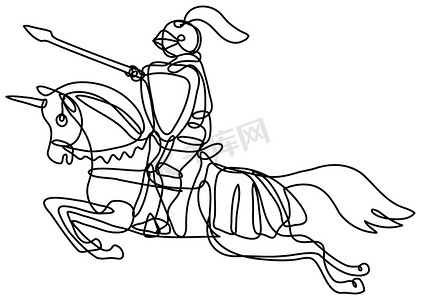 骑着长矛和盾牌的中世纪骑士站在连续的线条画上