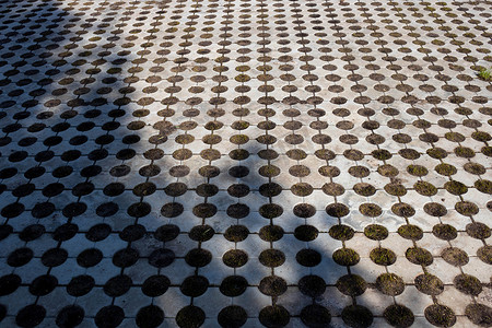 生态停车摄影照片_带生态停车单元的几何灰色混凝土瓦，带草孔。