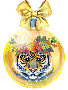 水彩黄色圣诞球与弓和孤立的白色背景上的老虎。