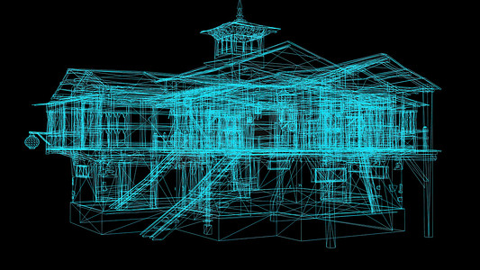 3d 插图-黑色背景中世纪房屋的线框模型