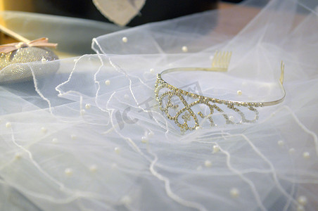 白色的头纱蕾丝，闪亮的银色王冠和粉色的新娘鞋。