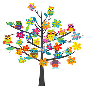 五颜六色的树，鲜花和卡通猫头鹰