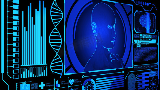 3D 人体头部模型渲染在医疗未来 HUD 显示屏中旋转，包括 DNA、数字脑扫描、指纹等，蓝色静态图像版本 2
