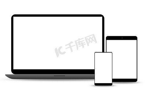 笔记本电脑、平板电脑和手机设置样机隔离在白色背景