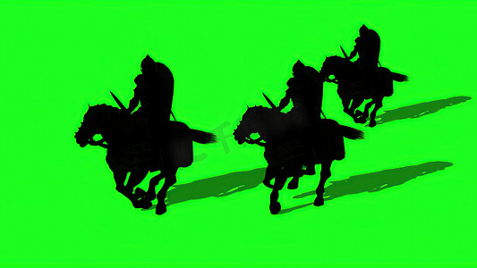 3d 插图-中世纪骑士的剪影骑着剑和盾牌的马，在绿色屏幕上