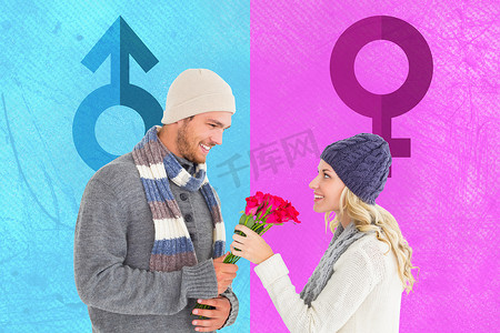 冬季时尚中有魅力的男人向女友送玫瑰的复合形象