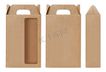 盒棕色窗口形状切出包装模板，空牛皮纸盒纸板隔离白色背景，盒子纸牛皮纸天然材料，礼品盒棕色纸从工业包装纸箱