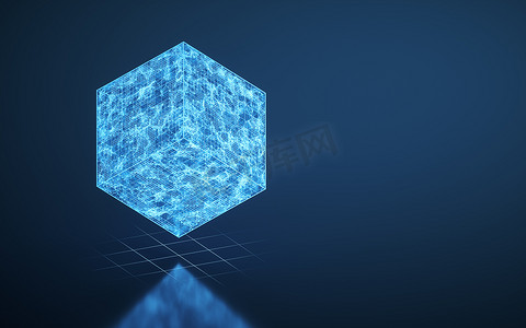 立方体和蓝色发光线，3d 渲染。