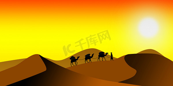 沙漠沙丘与骆驼在沙漠中行走