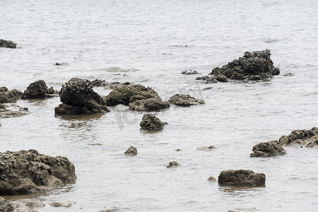 企业海面摄影照片_午后海边的岩石 周围的海面倒映成白色。