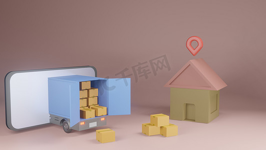 在线送货服务应用概念、送货车和移动照片