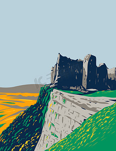 海报城堡摄影照片_Carreg Cennen 城堡遗址位于英国威尔士布雷肯比肯斯国家公园内装饰艺术 WPA 海报艺术