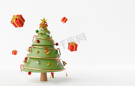 装饰圣诞树，白色背景上有礼物，有复制空间，3d 渲染