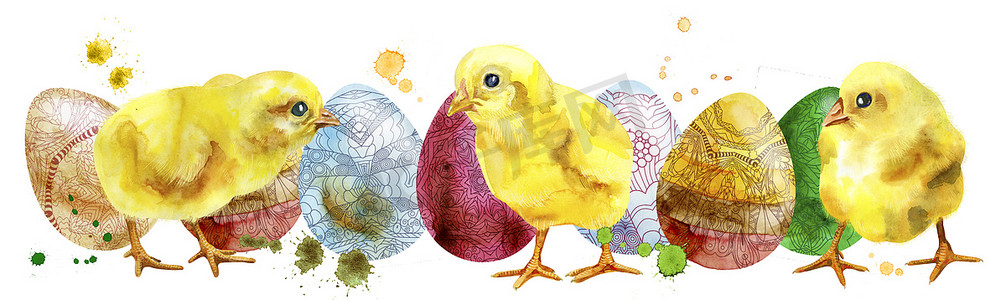 水彩复活节彩蛋和鸡。