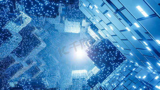 霓虹灯摄影照片_抽象数字未来科幻背景、大数据、计算机硬件、网络、蓝色霓虹灯、3d 模型和插图。