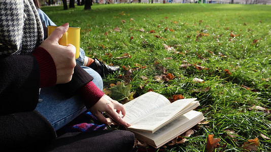 绿色书本摄影照片_在温暖的一天，在绿色草地上，一个女孩坐在秋天森林的毯子上，看书，喝着城市公园黄色杯子里的热饮。
