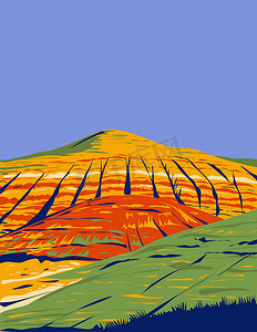 位于美国俄勒冈州惠勒县的约翰戴化石床国家纪念碑内的彩绘山丘 WPA 海报艺术