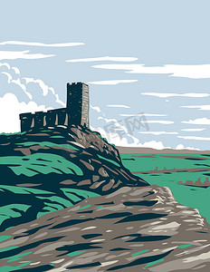 达特穆尔国家公园沼泽地和高地地区的城堡遗址位于英格兰德文郡南部英国装饰艺术 WPA 海报艺术