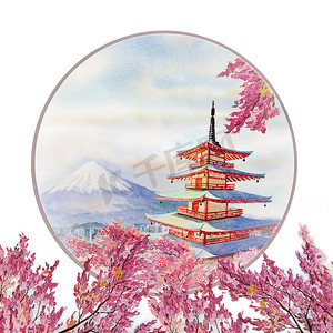 水彩画春天与日本地标。