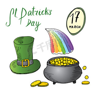 金币矢量摄影照片_圣帕特里克节手绘涂鸦套装，配有爱尔兰传统的绿色妖精帽子和彩虹末端的一罐金币，矢量插图隔离在白色。