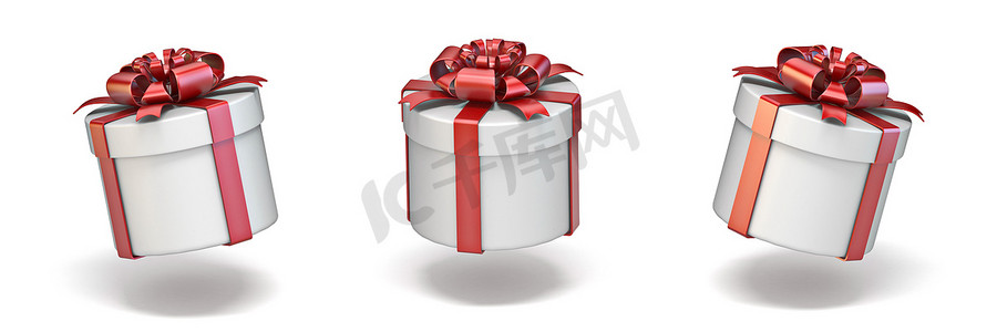丝带盒摄影照片_有红色丝带的圆筒白色礼物盒3D
