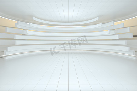 白色圆形房间，未来派结构，3d 渲染。