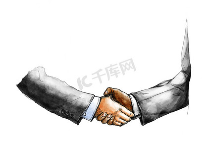 两个商人在白色背景下达成协议后相互握手达成交易的创意素描