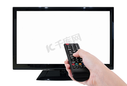 手持电视遥控器与 LED 电视和空白屏幕隔离在白色背景