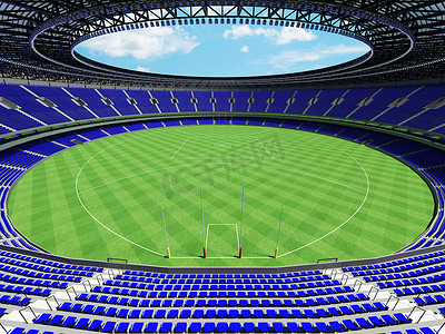 美丽的现代圆形澳大利亚规则足球场，配有蓝色座位和 VIP 包厢