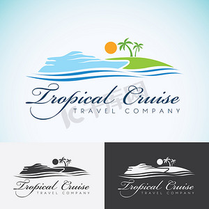 游艇、棕榈树和阳光、旅游公司标志设计模板。