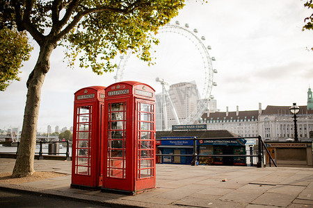 以伦敦眼为背景的树下英国电话亭