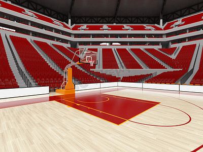 美丽的篮球运动场，设有 VIP 包厢和红色座椅，可容纳两万名球迷
