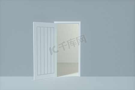 带空白灰色墙壁的木门，3d 渲染。