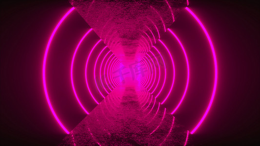 3D 渲染、抽象背景、虚拟现实、计算机生成的荧光紫外线、发光的霓虹灯线、一条带平直道路的三角形隧道