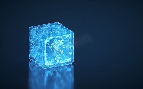 保险箱和蓝色发光线，蓝色背景，3D 渲染。