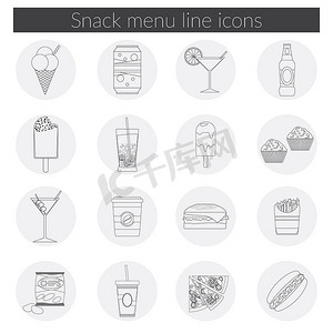 小吃菜单行图标设置食品、饮料、咖啡、汉堡包、比萨饼、啤酒、鸡尾酒、快餐、可乐、冰淇淋、薯片、带有长阴影的糖果图标的矢量插图